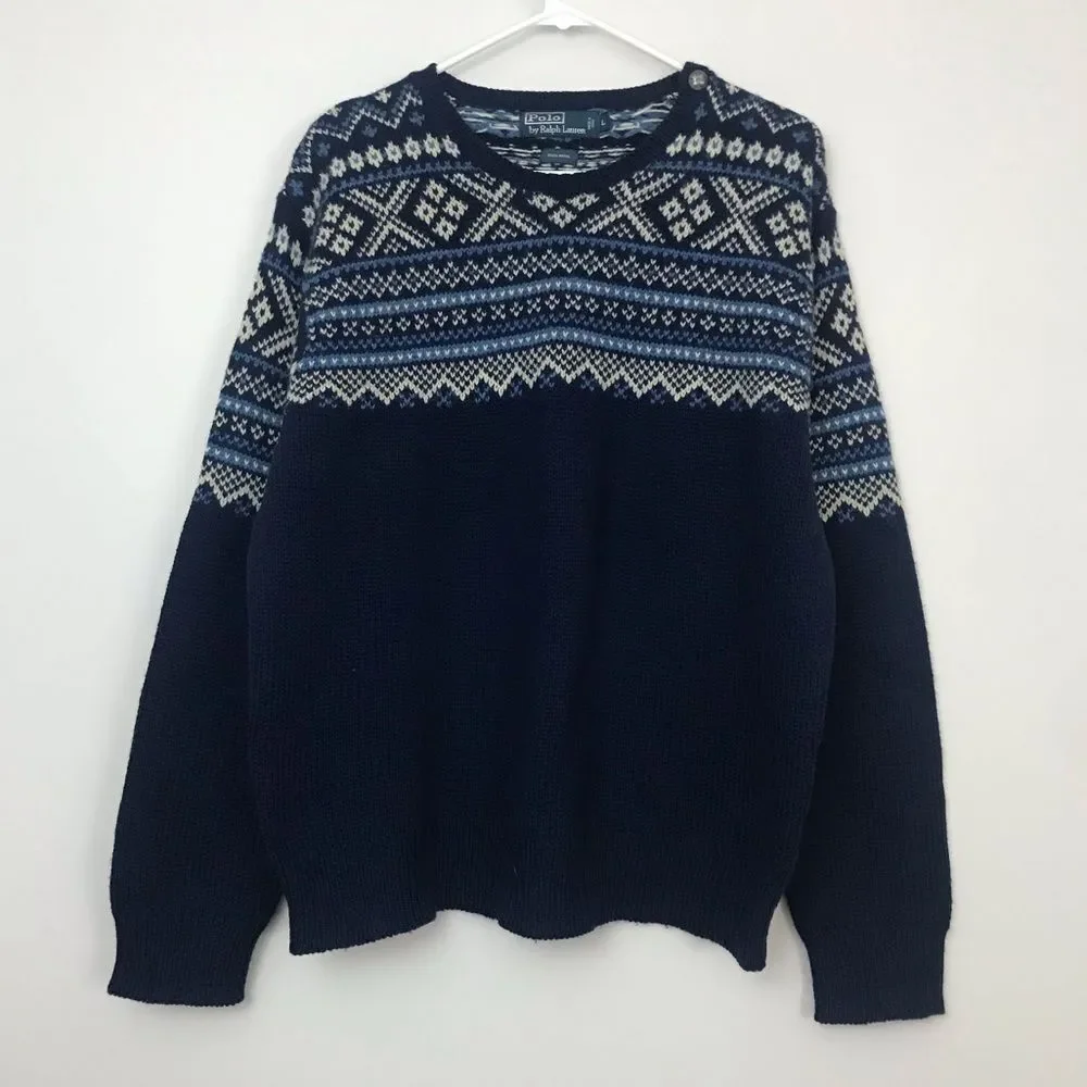 100% Wool Polo by Ralph Lauren Navy Blue Crewneck Yoke Pattern Sweater Sz Large